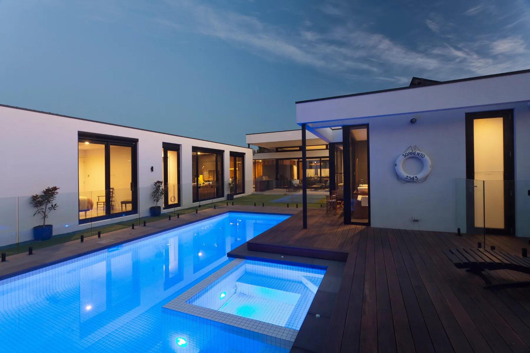 Canterbury, Mount Martha. Pool and terrace at dusk, lighting scene set.
